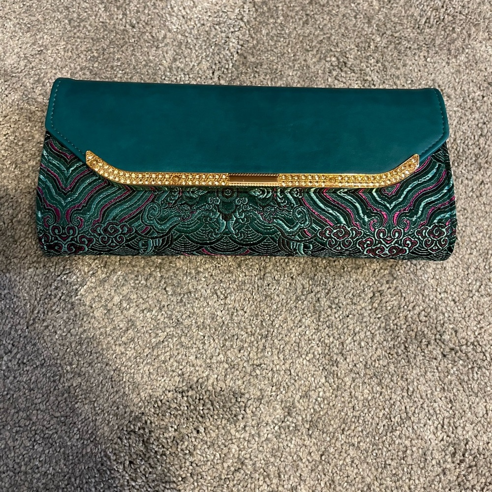 Amazon Teal and Gold Patterned Clutch